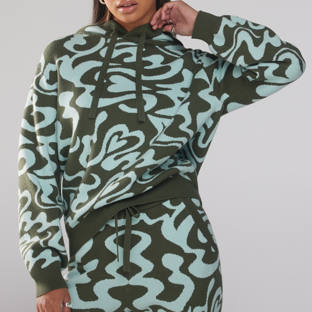 Savage X Fenty Lit Leisure Knit Hoodies Minty Blue Love Dizzy Swirl Heart Print